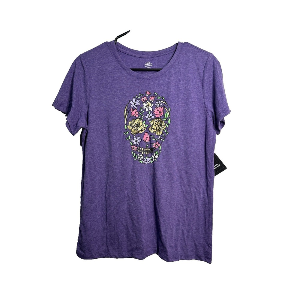 celebrate‎ halloween womens short sleeve purple shirt size medium 8 10 skull